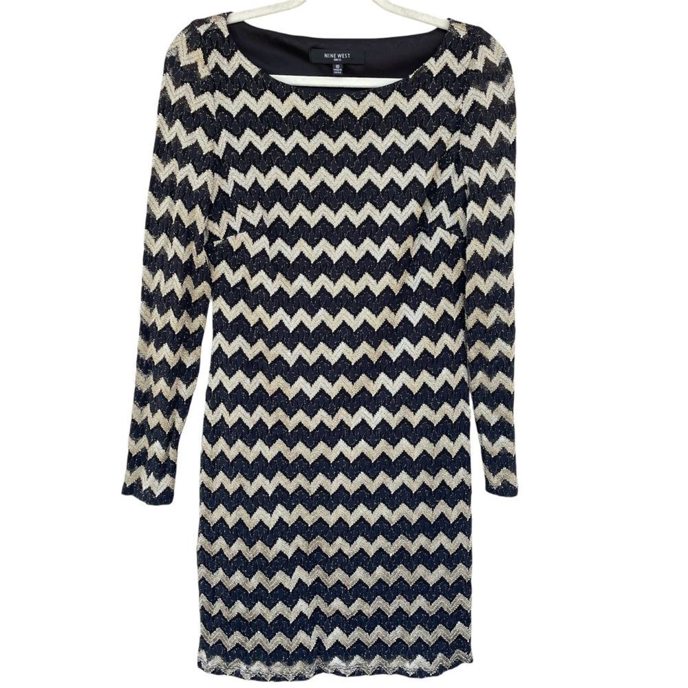 Nine West Chevron Black Tan Textured Sheer Sleeve Cocktail Dress Size 10